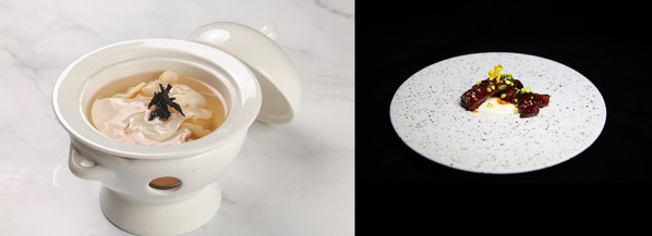 从左至右：“茗思妙飨”活动中特色风味菜品 - 水仙茶问响锣汤、焦糖武夷小种蜜汁骨